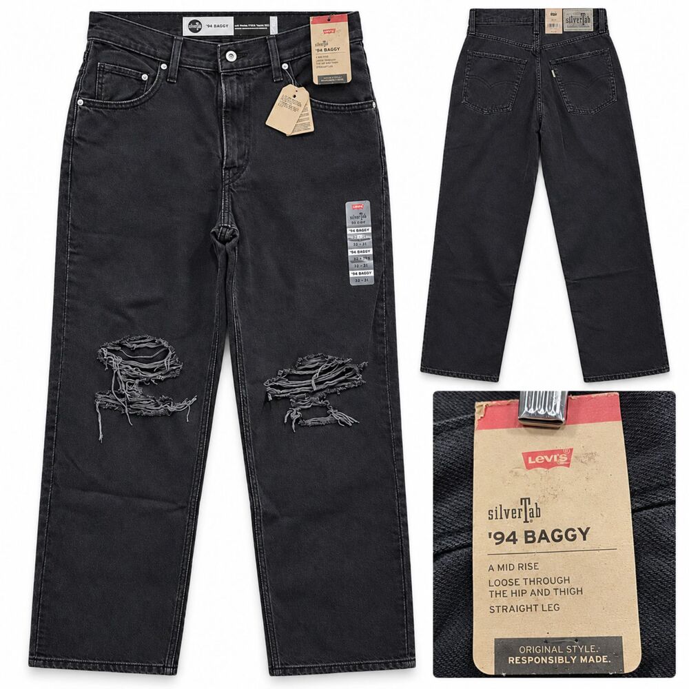 New Levis SilverTab 1994' Baggy Boyfriend Jeans 29x31 Tag Black Distressed Loose